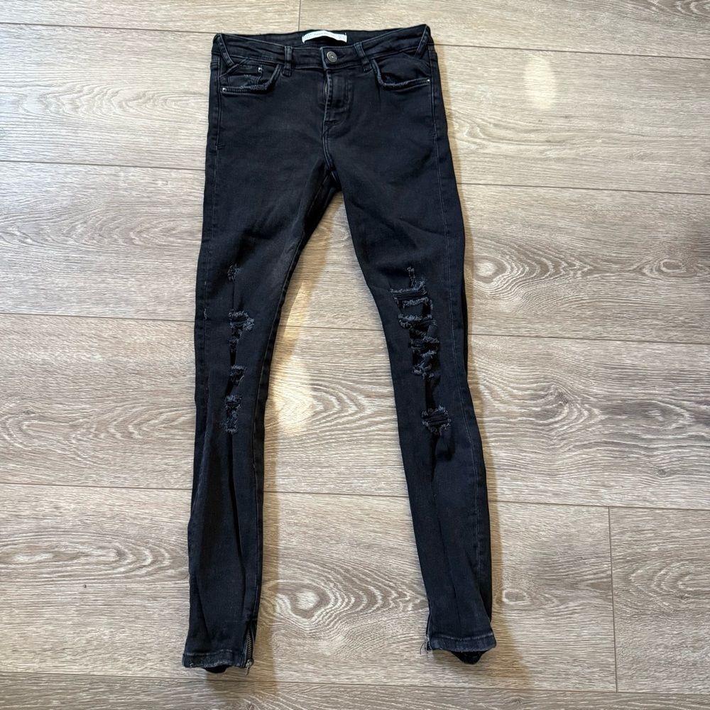 Zara Trafaluc Denimwear Black Distressed Stretch Skinny Jeans Size 4